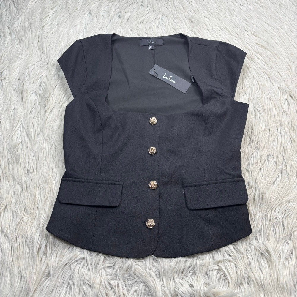NWY Lulus Women's S Azora Black Button-Front Cap Sleeve Top Old Money Preppy